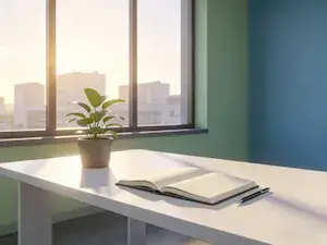 Minimalist zen sanctuary with a desk, a journal, and a green plant, representing mental clarity and focus - Insighttext Hero